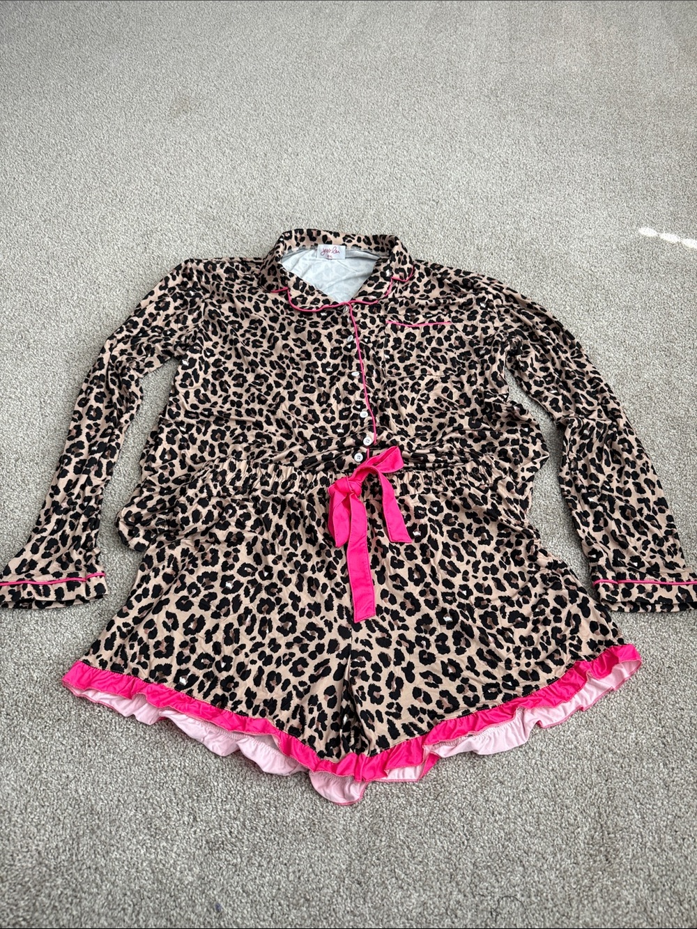 Jess Lea Womens Leopard Print Pajama Set with Hot Pink Trim